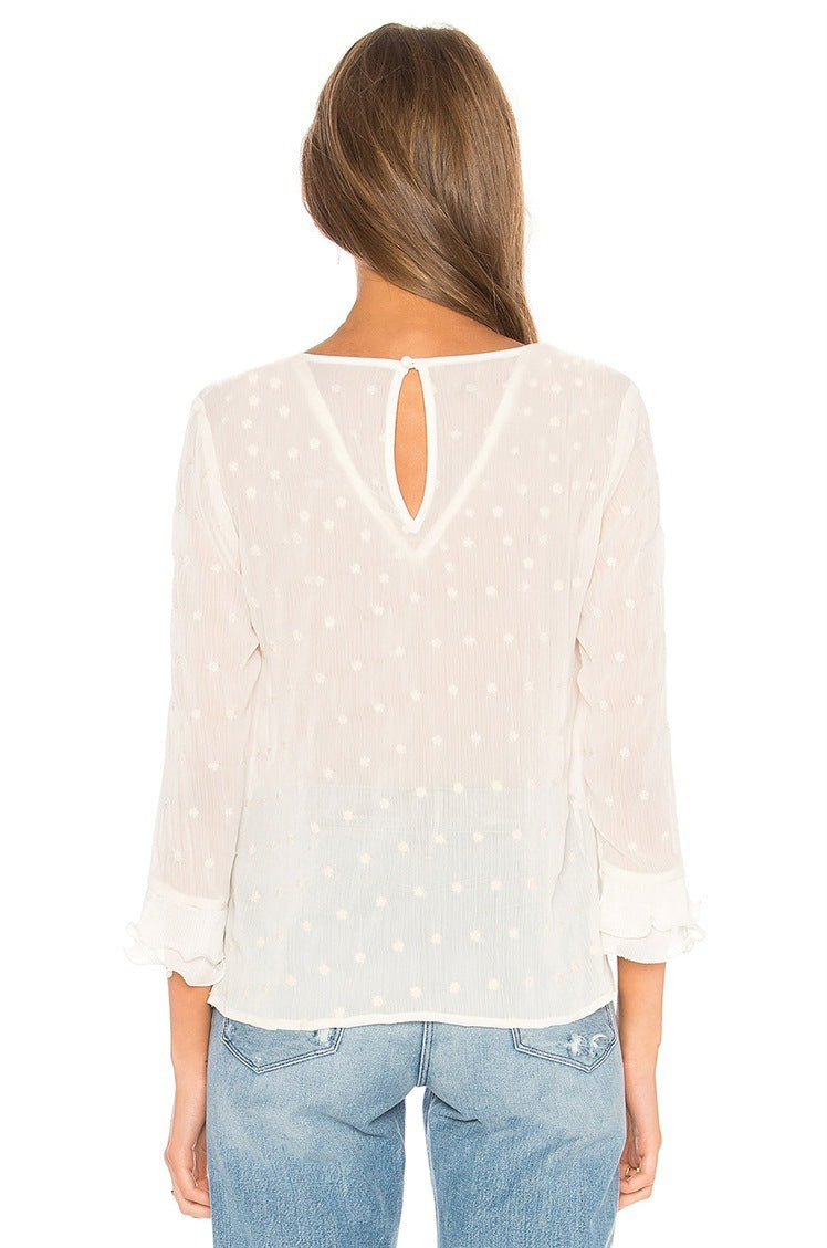 Amy – Casual Women's Blouse with Ruffles and Lace Polka Dots