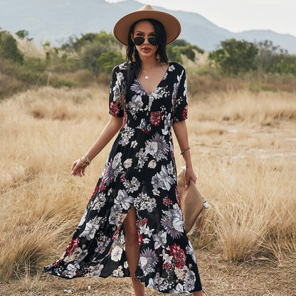 Sara – Floral Summer Beach Dress with V-Neck and Elastic Waist