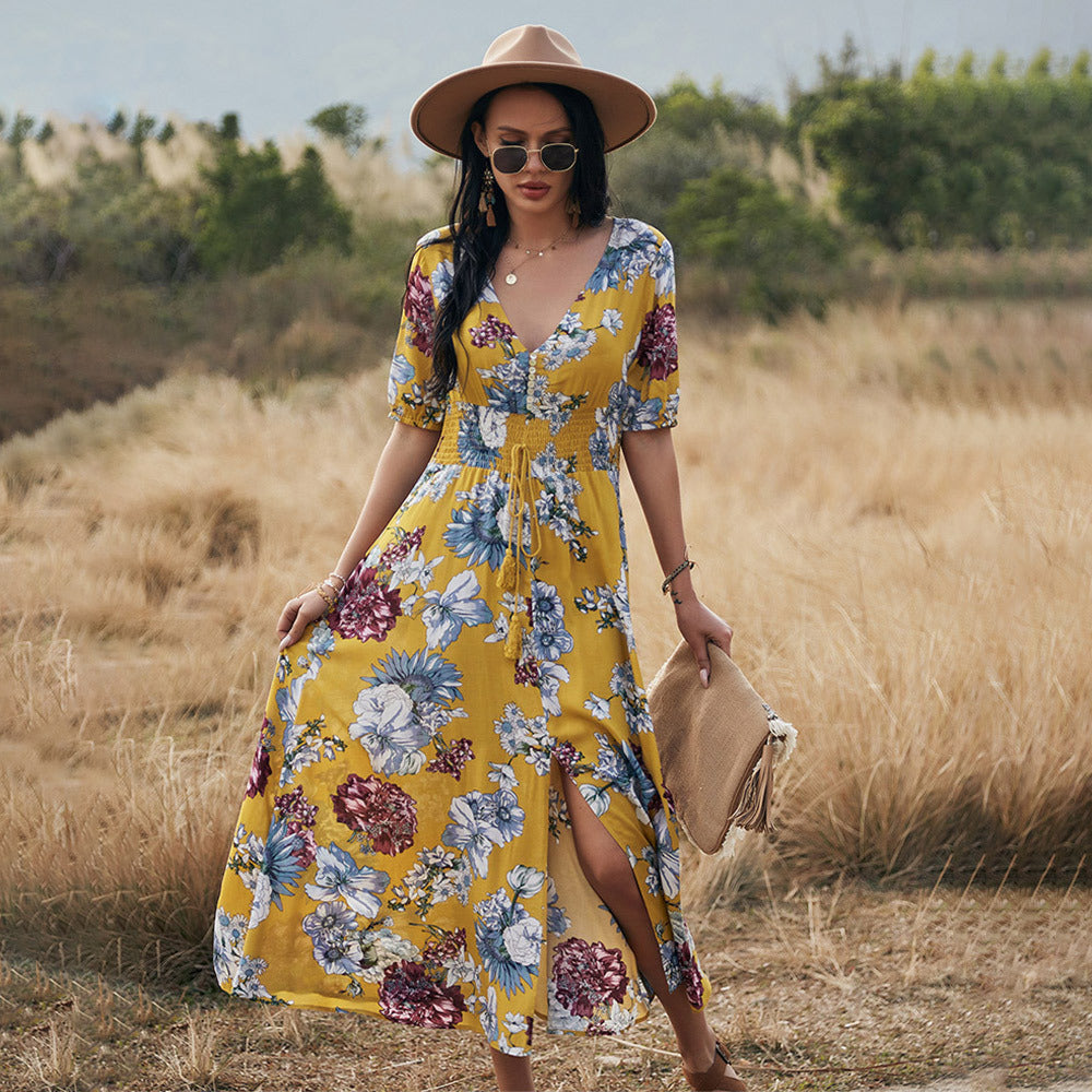 Sara – Floral Summer Beach Dress with V-Neck and Elastic Waist