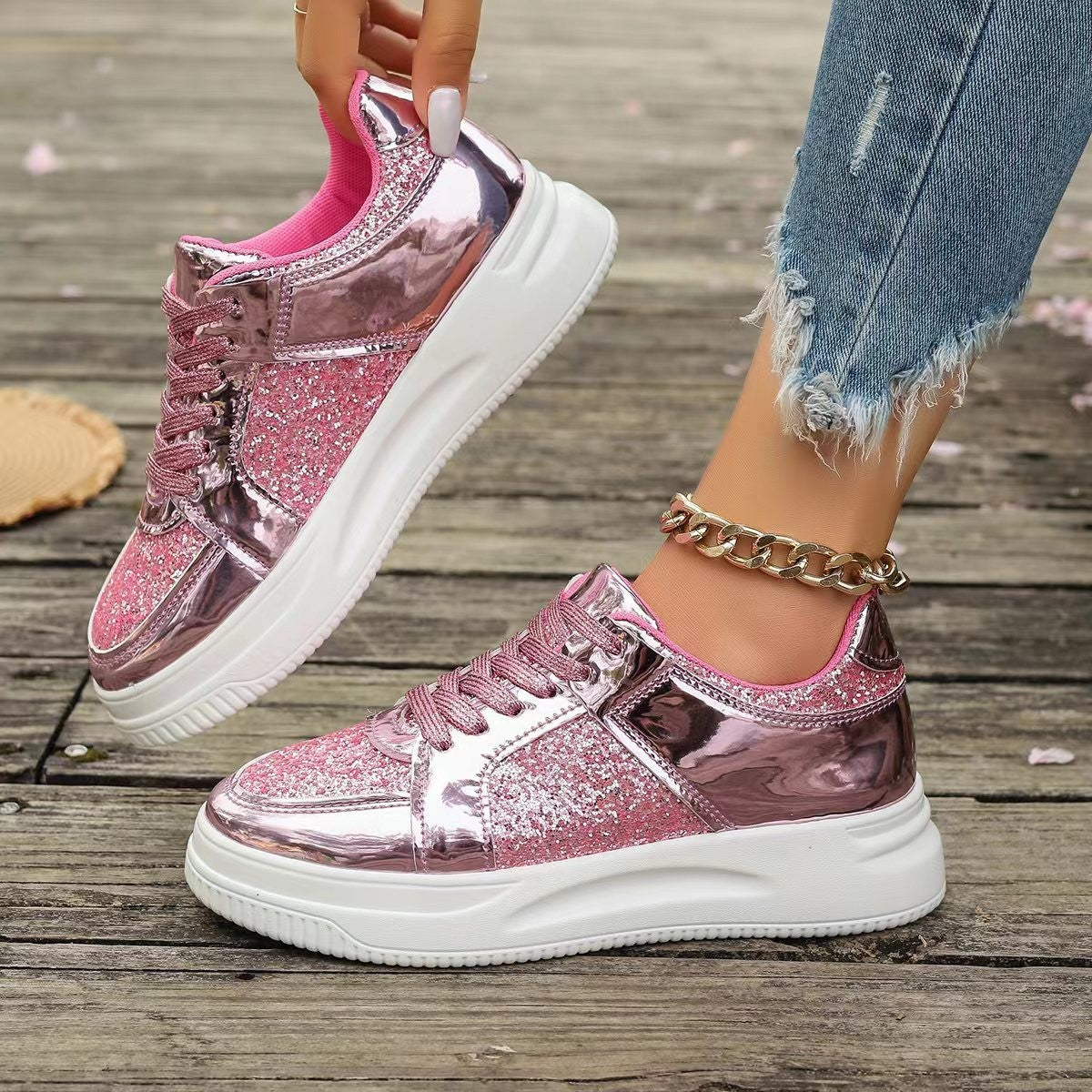 Tara – Sequin Lace-Up Sneakers with Non-Slip Sole