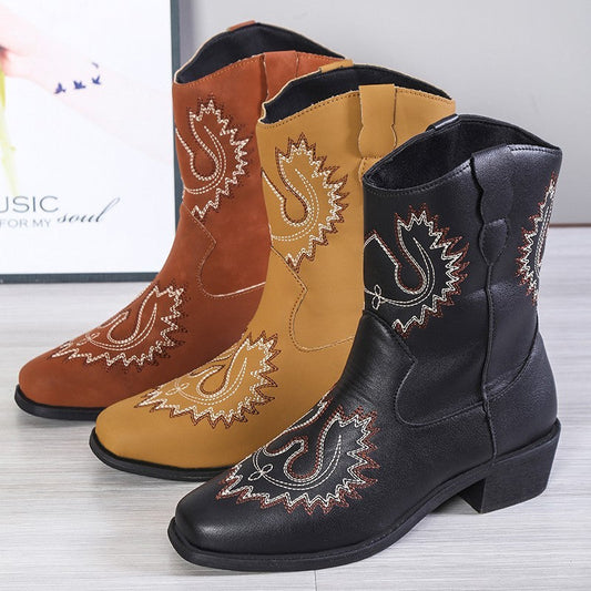 Natasha – Embroidered Western Boots with Chunky Heel