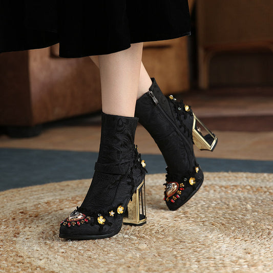 Janet – Embroidered Women's Boots with Bead Detail and Zipper