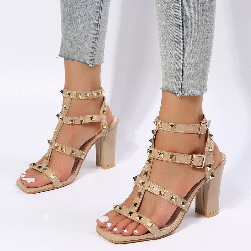 Shannon – Studded Buckle Sandals, Square Toe, High Heels