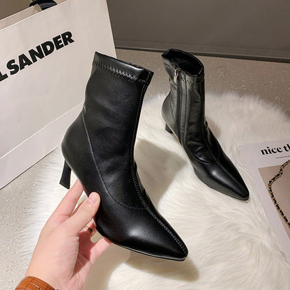 Charlotte – Pointed Thick Heel Boots in Vegan Leather