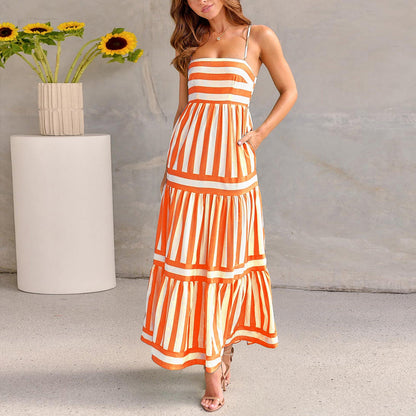 Caroline – Striped Maxi Dress with Straps and Pockets for Beach Getaway