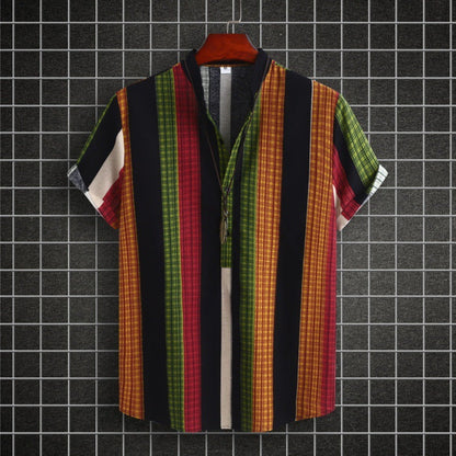 David – Ethnic Striped Cotton-Linen Shirt with Stand Collar and Short Sleeves