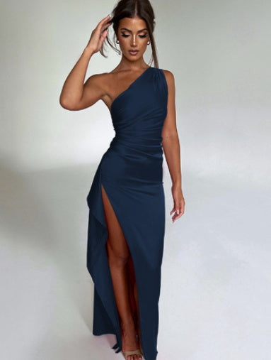 Sarah – Elegant One-Shoulder Backless Slit Dress in Premium Satin