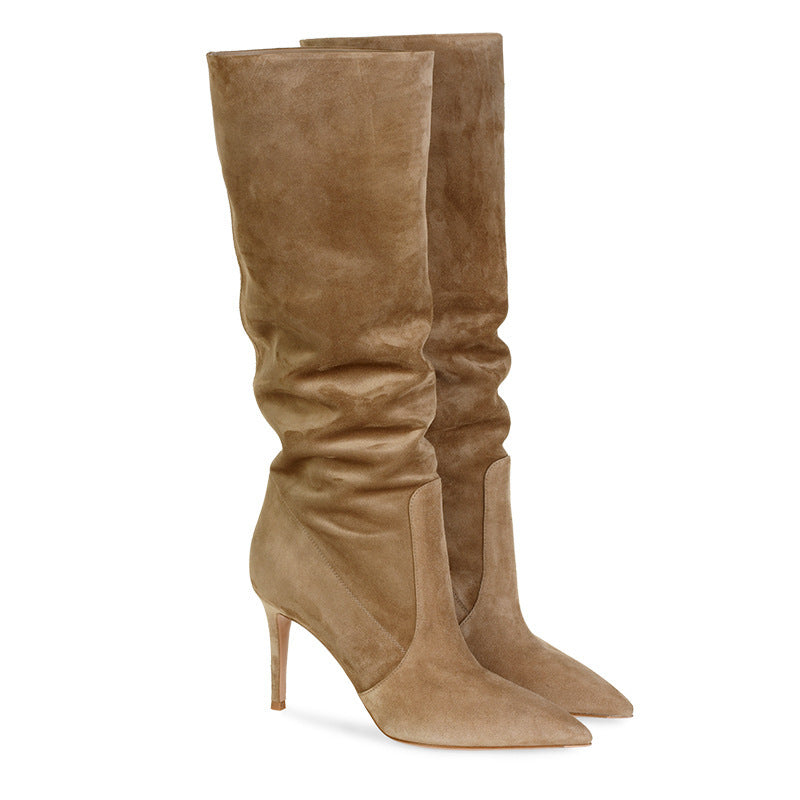 Abigail – Fashionable Stiletto Heel Boots in Premium Vegan Suede Brown