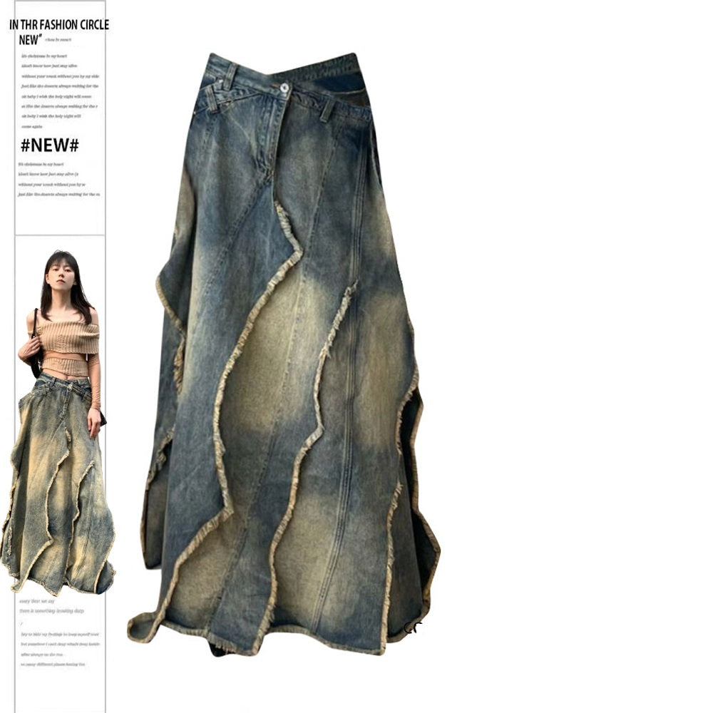 Katie – Retro Y2k Long Denim Skirt with Irregular Texture