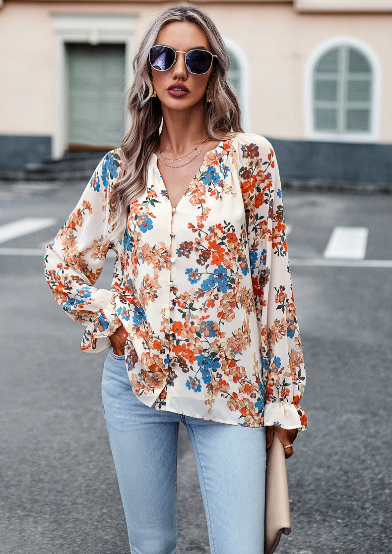 Sophia – Elegant Women's Blouse with Floral Print and V-Neck