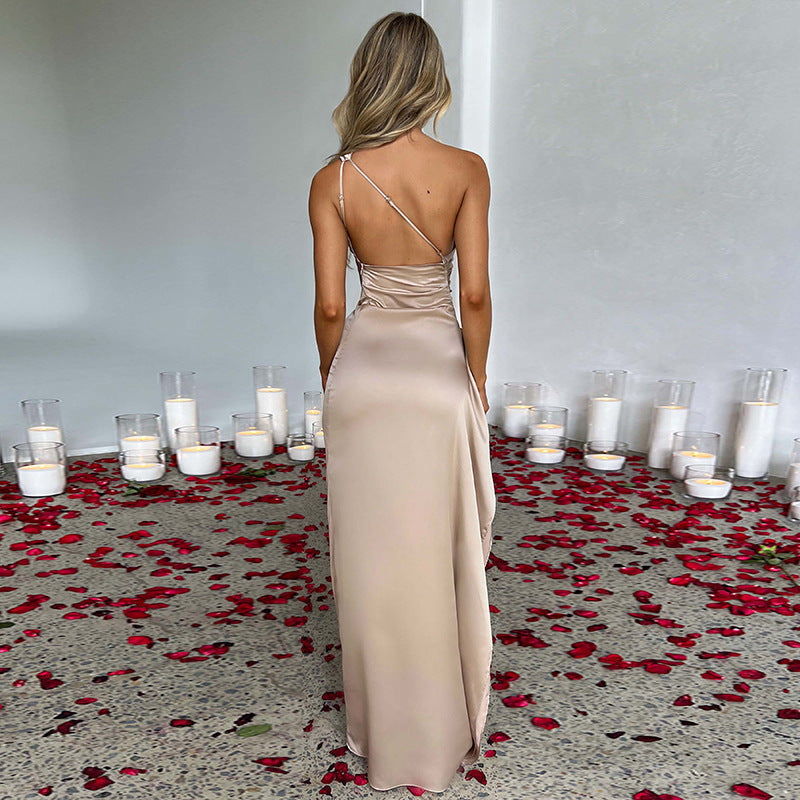 Sarah – Elegant One-Shoulder Backless Slit Dress in Premium Satin