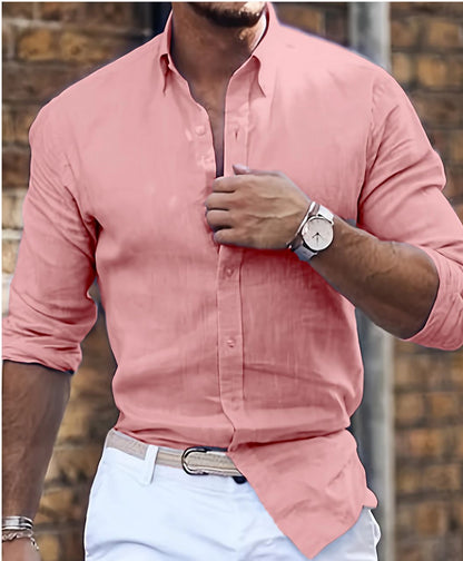 Alex – Long Cotton Linen Shirt with Polo Collar in Casual Style