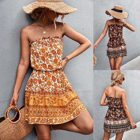 Emily – Strapless Bohemian Floral Print Summer Beach Dress