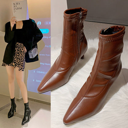 Charlotte – Pointed Thick Heel Boots in Vegan Leather