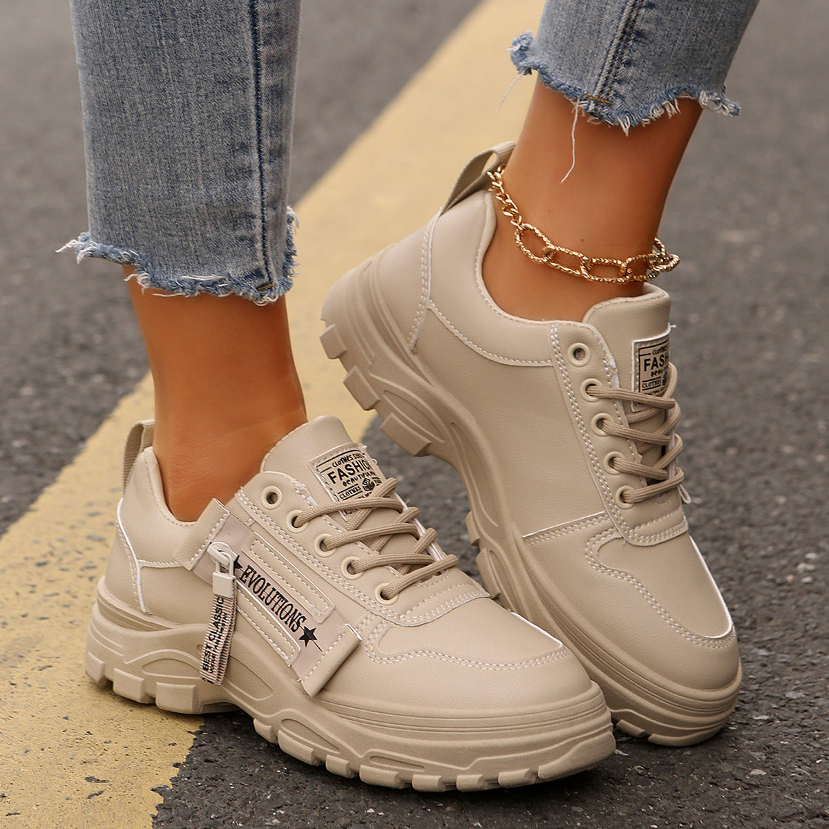 Sophia – Lace-Up Sneakers with Side Zipper and Thick Sole