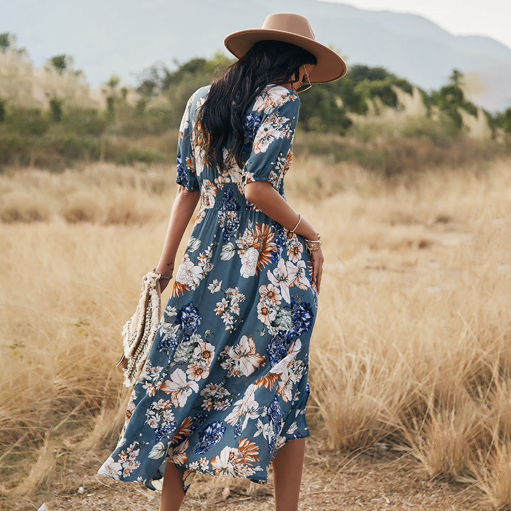 Sara – Floral Summer Beach Dress with V-Neck and Elastic Waist