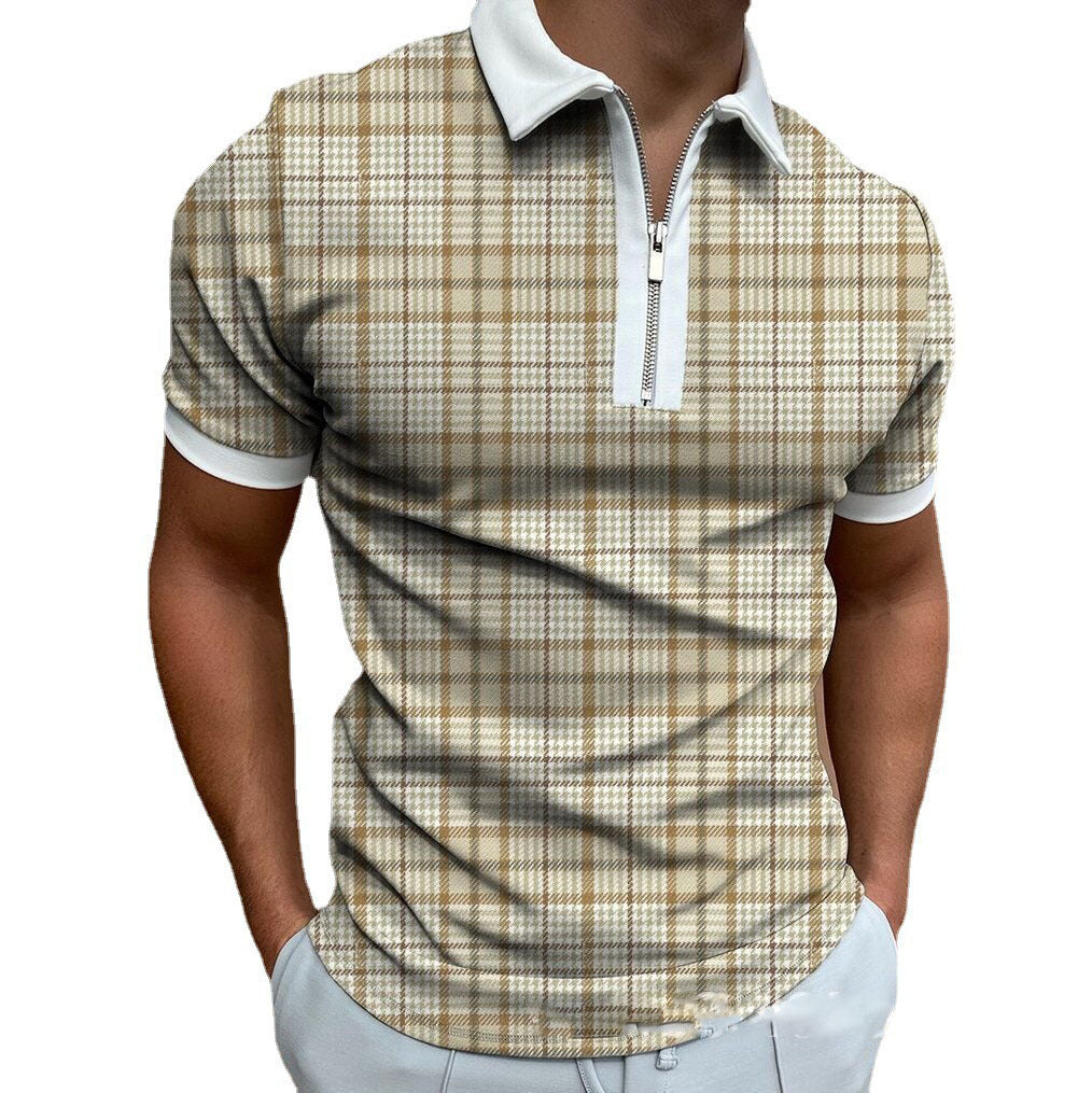 Aaron – Men's Polo Shirt with Zipper and Check Pattern