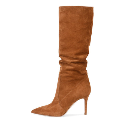 Abigail – Fashionable Stiletto Heel Boots in Premium Vegan Suede Brown