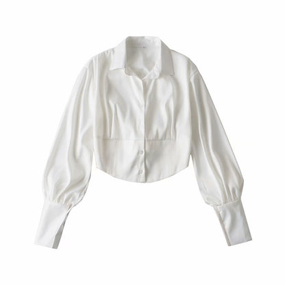 Caroline – Women's Shirt with Lace-up Closure and Lantern Sleeves in Shiny Satin