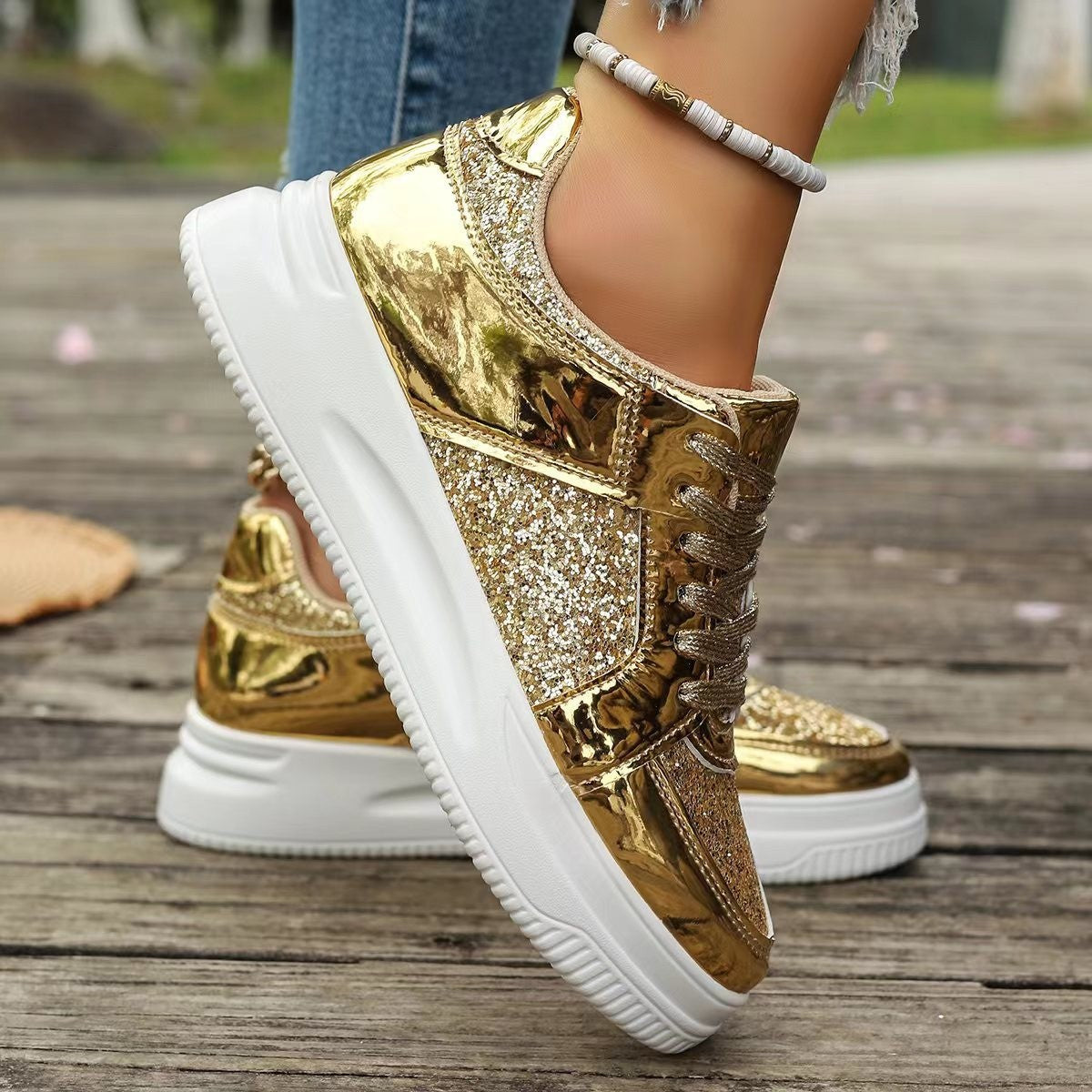 Tara – Sequin Lace-Up Sneakers with Non-Slip Sole