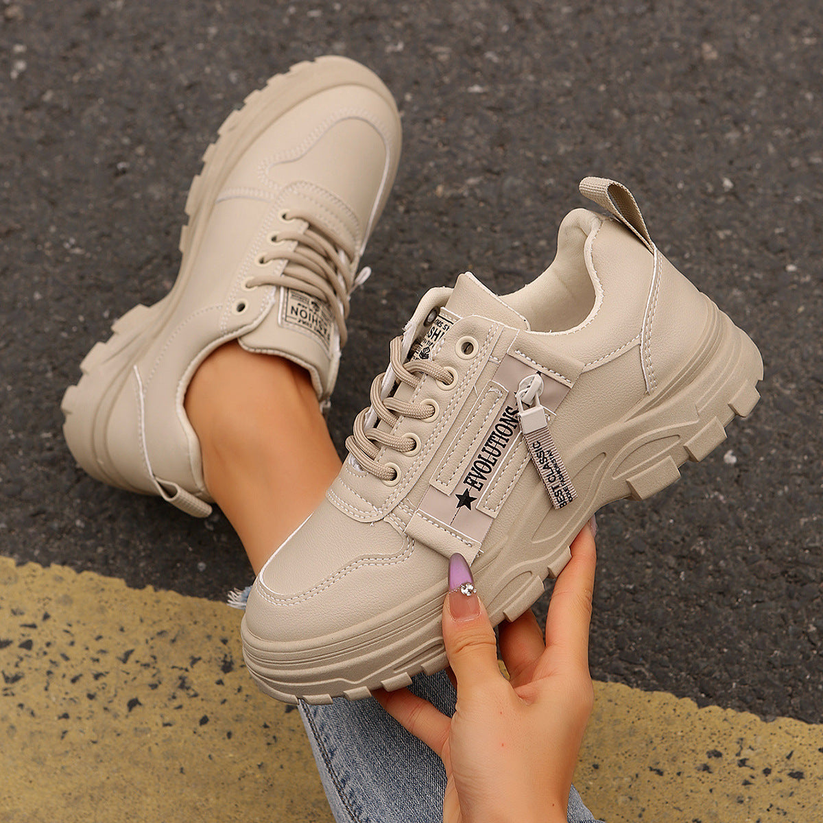 Sophia – Lace-Up Sneakers with Side Zipper and Thick Sole