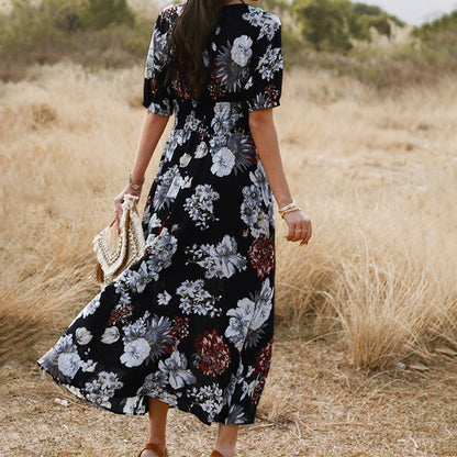 Sara – Floral Summer Beach Dress with V-Neck and Elastic Waist