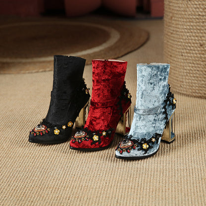 Janet – Embroidered Women's Boots with Bead Detail and Zipper