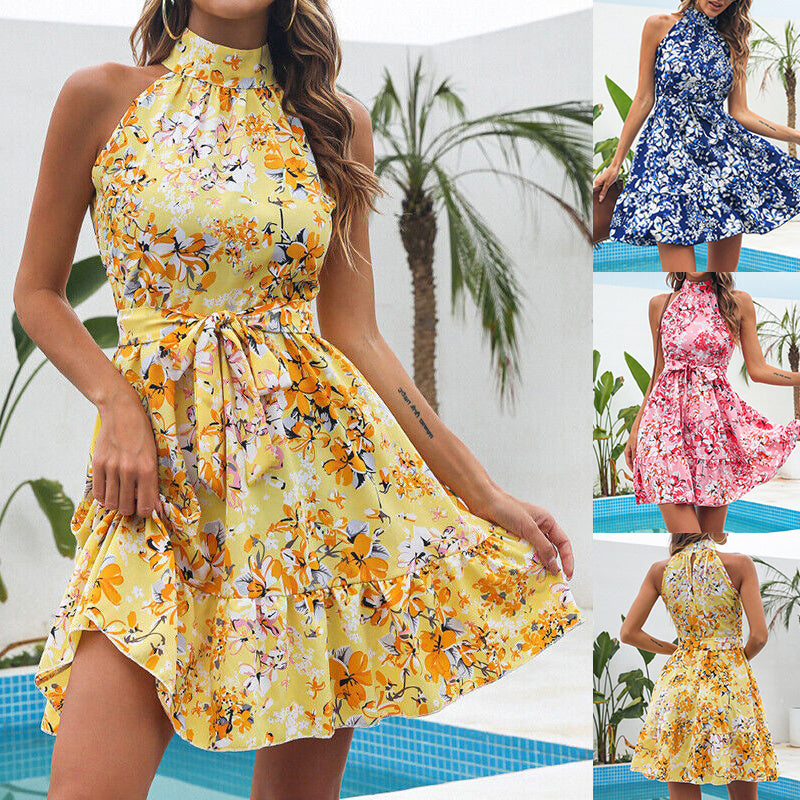 Diana – Summer Floral Halterneck Dress with Ruffles