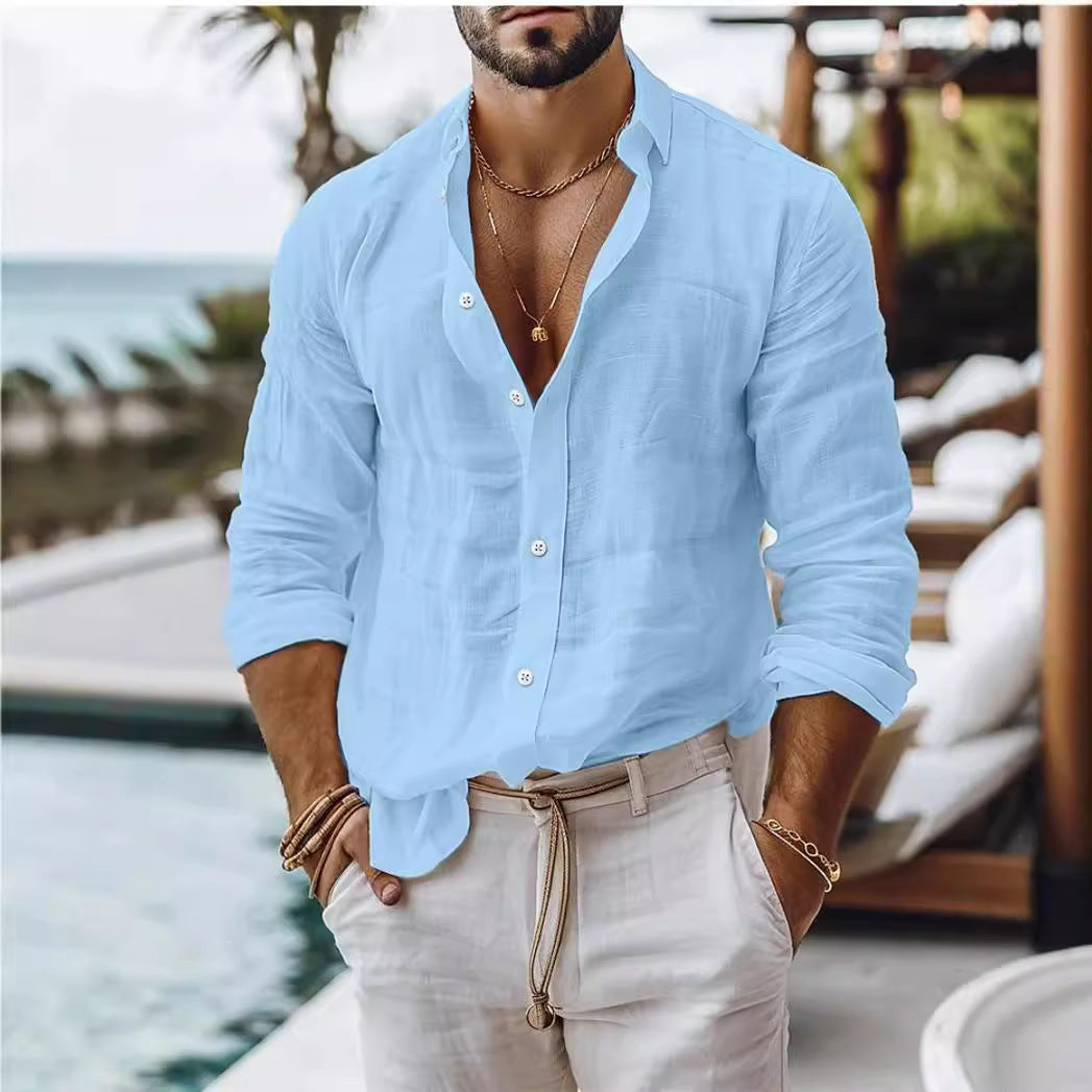 Brendan – Men's Cotton-Linen Shirt with Solid Design and Long Sleeves