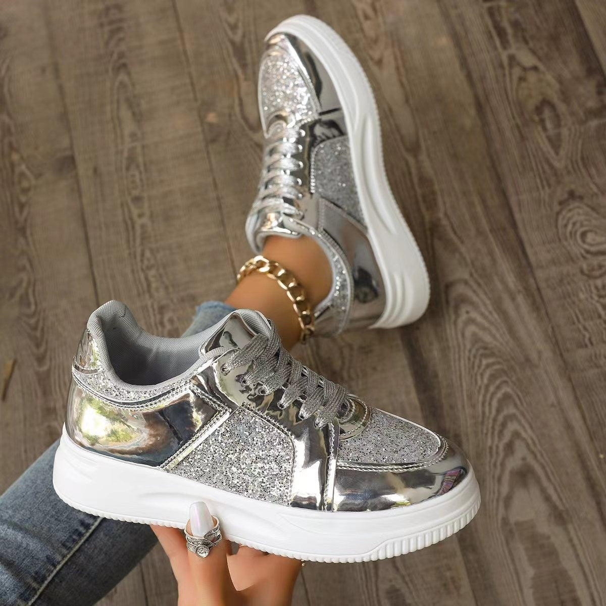 Tara – Sequin Lace-Up Sneakers with Non-Slip Sole