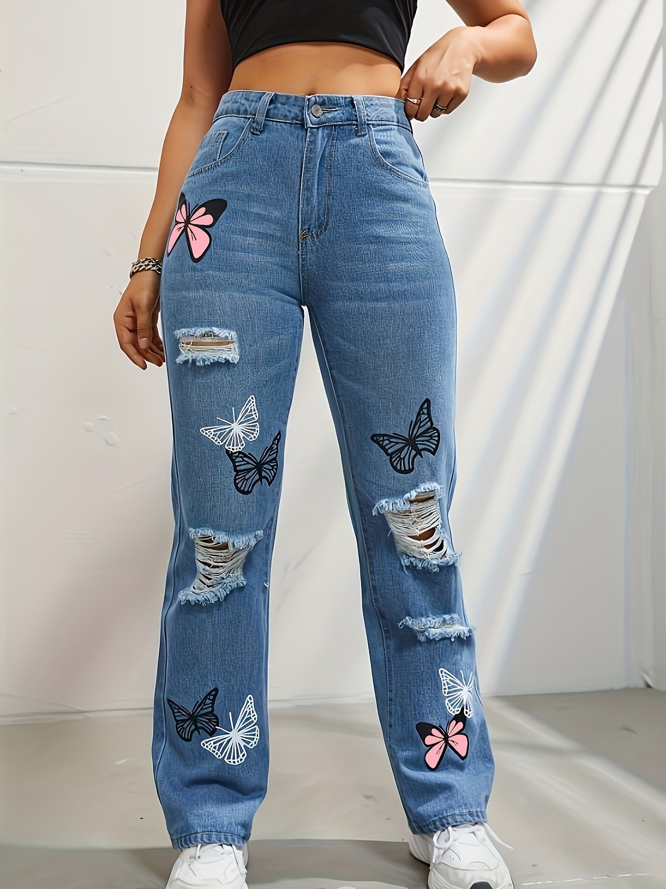 Wendy – High-Waisted Jeans with Butterfly Print