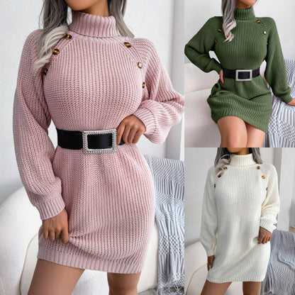 Sarah – Long Turtleneck Sweater Dress with Button Design