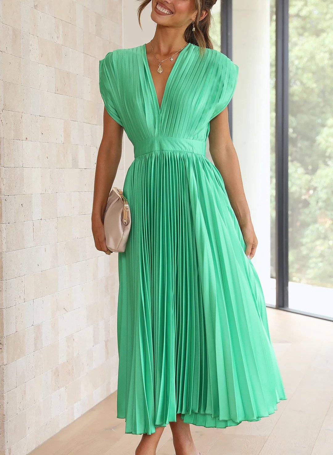 Kathryn – Pleated Dress with V-Neck