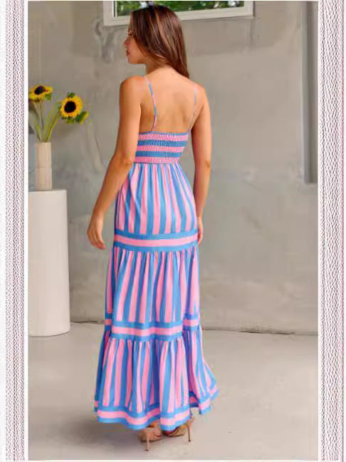 Caroline – Striped Maxi Dress with Straps and Pockets for Beach Getaway