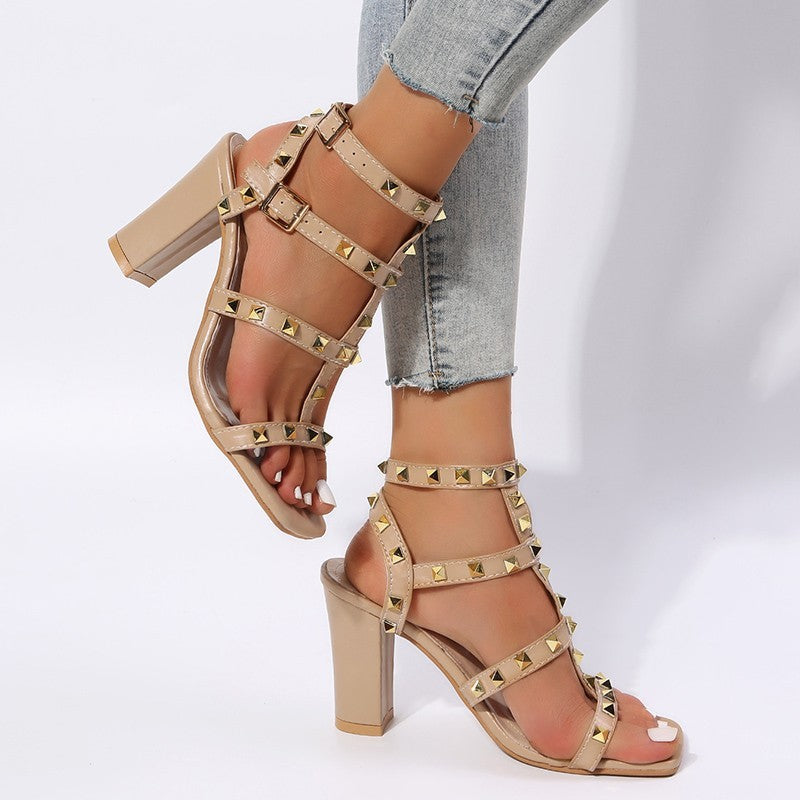 Shannon – Studded Buckle Sandals, Square Toe, High Heels