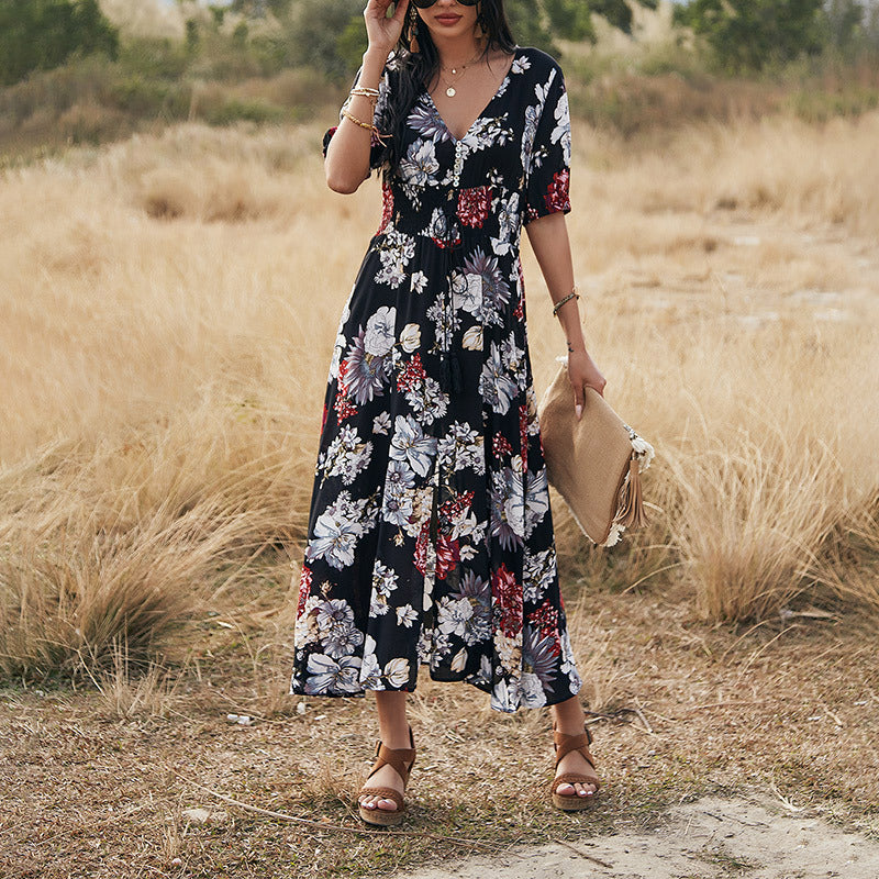 Sara – Floral Summer Beach Dress with V-Neck and Elastic Waist