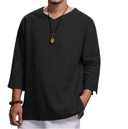 Roger – Relaxed Men's Shirt in Cotton and Linen with V-Neck